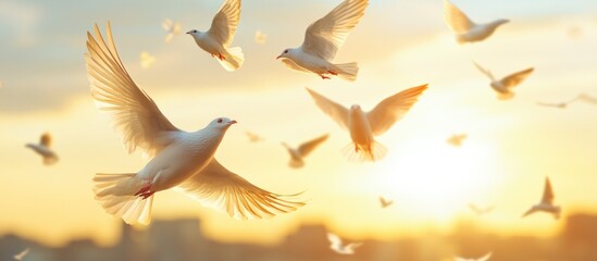 Fototapeta premium White doves fly sunset city hope peace
