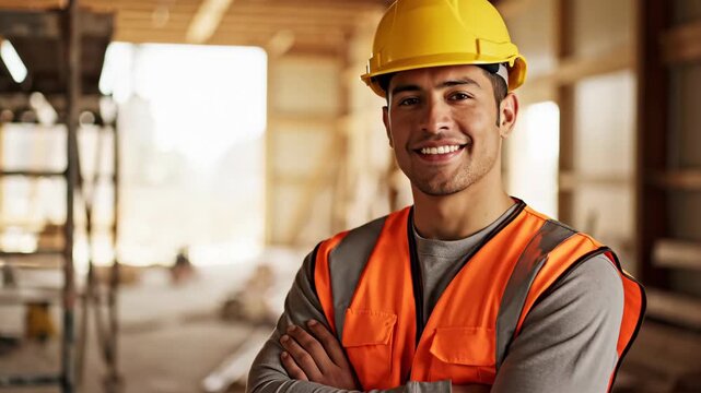 smiling hispanic construction worker with crossed arms at building site. man wears yellow hard hat and orange safety vest. industrial renovation and engineering concept.