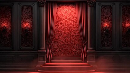 A dimly lit stage with red curtains and steps leading to a mysterious event unfolding slowly in a dark environment