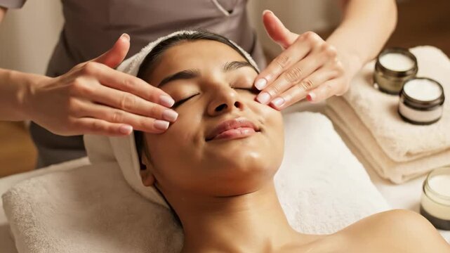 relaxed indian woman enjoying facial massage in spa salon. therapist hands touching female face. skincare treatment and wellness procedure. beauty therapy.