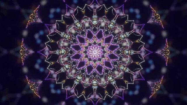 Colorful kaleidoscopic mandala animation with intricate patterns and glowing lights. Ideal for meditation, relaxation, and artistic expression