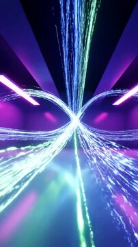 Abstract Neon Light Trails in a Dark Tunnel - Dynamic Flow of Energy and Data.