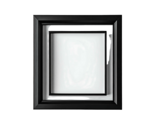 Black shadow box frame with blank white paper and writing tool
