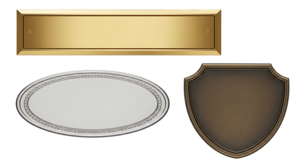 Collection of three diverse blank metallic plaques: a gold rectangle, an ornate silver oval, and a vintage bronze shield, isolated on transparent background.