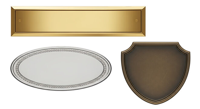 Collection of three diverse blank metallic plaques: a gold rectangle, an ornate silver oval, and a vintage bronze shield, isolated on transparent background.