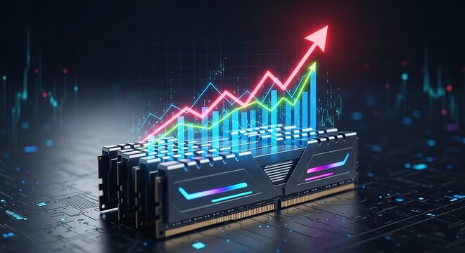 RAM Modules with Glowing Financial Graph Lines and Red Upward Arrow