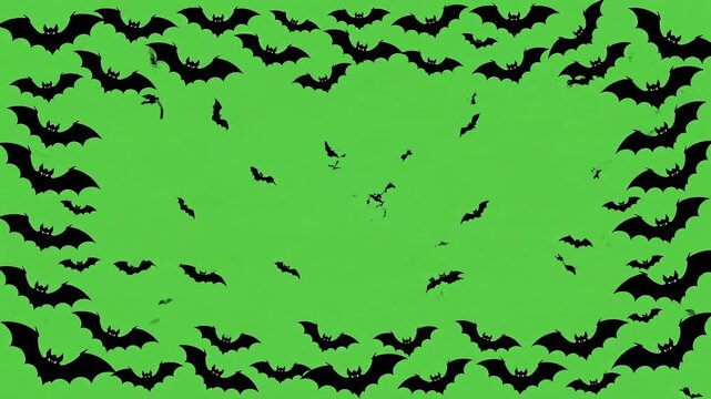happy Halloween bats border frame flying on green screen loop animation, chroma key trick or treat isolated birds motion design element