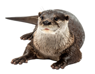 Close-up of a wet, brown river otter lying down, looking forward