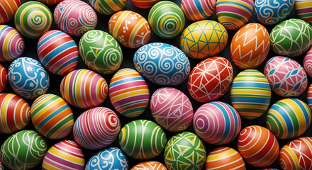 Colorful easter eggs background with striped and patterned designs