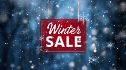 A red sign hanging from above with Winter Sale in white letters amidst falling snowflakes and sparkles