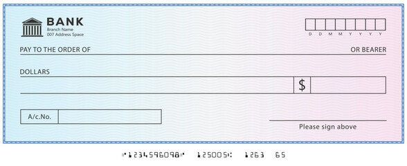 Bank check, vector blank money cheque, checkbook template with guilloche pattern and fields. Currency payment coupon, money check background