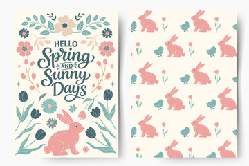 Springtime poster and pattern in flat textured style. Seasonal design with lettering, easter bunny and floral elements