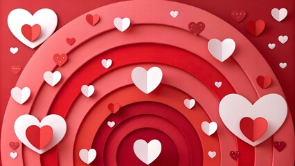 A vibrant modern abstract background featuring layered deep red concentric circles and floating stylized hearts in red and white, creating a playful, warm, and romantic atmosphere with depth.