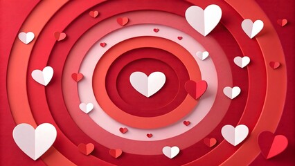 A vibrant modern abstract background featuring layered deep red concentric circles and floating stylized hearts in red and white, creating a playful, warm, and romantic atmosphere with depth.