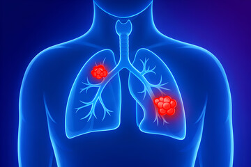 illustration of human lungs showing lung cancer tumors highlighted in red