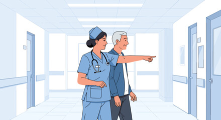 Nurse guiding patient in hospital for healthcare navigation and patient assistance marketing