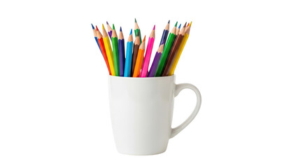 Fototapeta premium A white mug filled with colorful pencils on a white background.