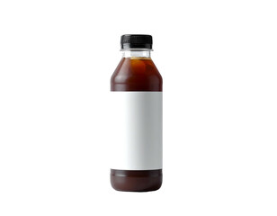 Dark beverage in a clear plastic bottle with a white label