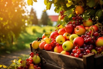 Obraz premium Freshly harvested apples and grapes filling a rustic wooden crate on a sunny autumn day