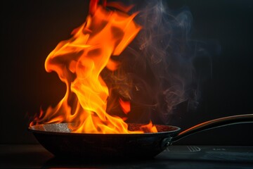 Large flames engulf a frying pan, creating smoke and intense heat in a dramatic cooking scene