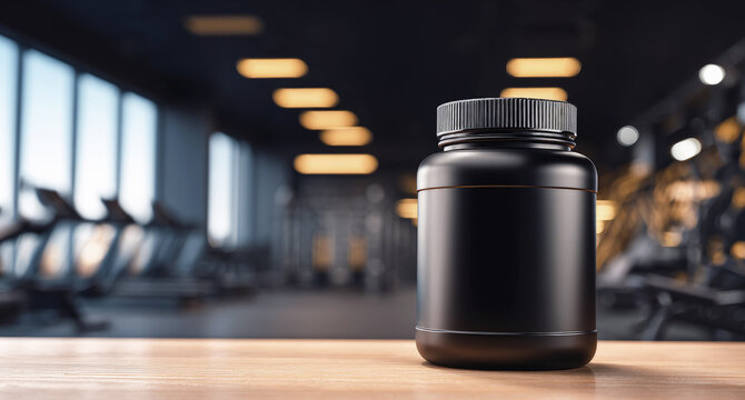 Black supplement bottle on wooden table with blurred modern gym interior, ideal for fitness, nutrition, branding, product display and healthy lifestyle themes.