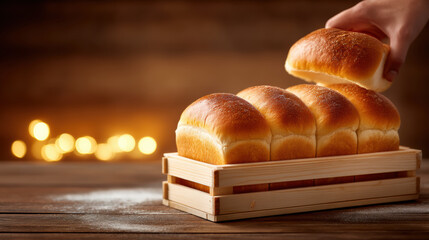 Soft golden bread rolls for small business bakery display with warm bokeh lights