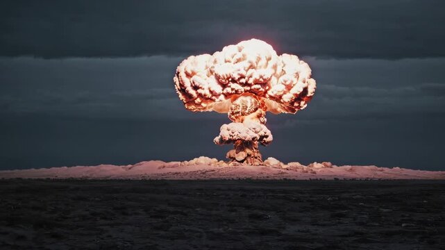 A powerful nuclear explosion illuminates the night sky, creating a towering mushroom cloud of smoke and debris. the fireball's intense glow contrasts with the dark horizon, creating a dramatic and imp