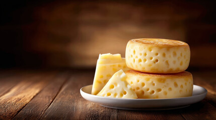 Small artisanal cheese rounds on wooden table in cozy small business setting with warm light