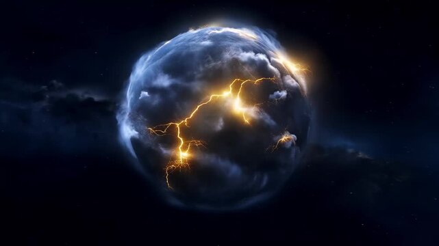 Cosmic Lightning Storm: A celestial orb enveloped in a tumultuous storm of swirling clouds, ablaze with streaks of electrifying lightning, a spectacle of raw power and natural wonder.