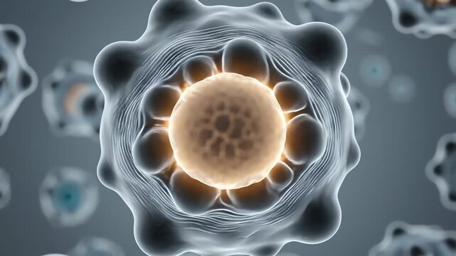 A cell beginning apoptosis, its membrane showing soft pulses of dimming light as signaling pathways activate from within. The cytoplasm develops gentle, organized waves of motion