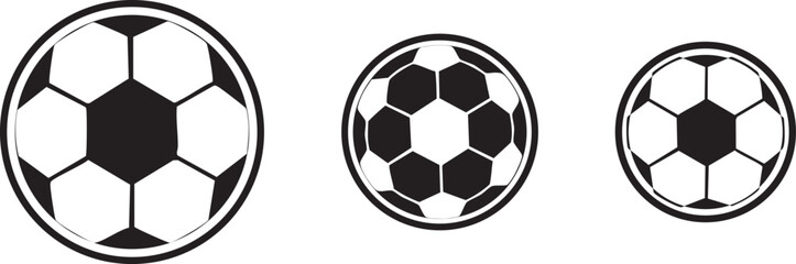 Fototapeta premium Soccer Ball Icon Set – Football Line Art Symbols in Different Sizes and Styles, Black and White Vector Illustration