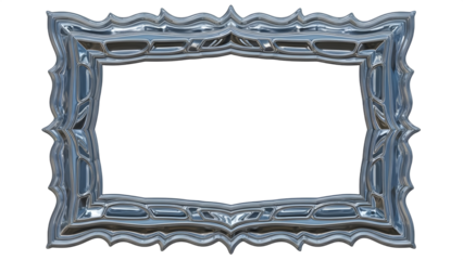 An ornate, reflective silver or metallic blue-grey decorative frame with intricate curves and pointed edges, featuring a blank white rectangular space in the center, isolated on a white background.