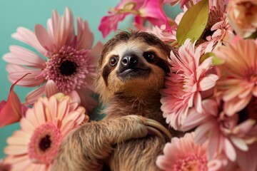 Obraz premium Brown throated three toed sloth enjoying a relaxing moment surrounded by pink flowers on a turquoise background