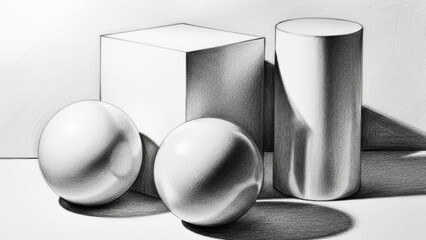 Pencil Drawing of Geometric Shapes: Sphere, Cube, Cylinder with Light and Shadow