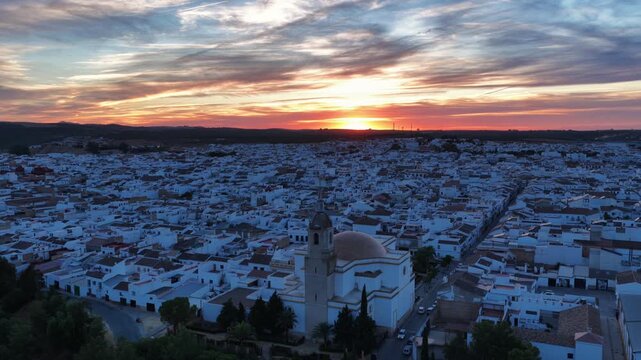 Sunset Over Town With Church Dome, La Puebla De Cazalla, Seville, Spain