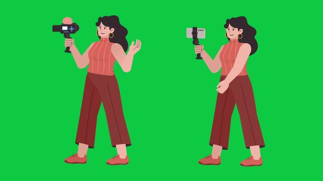 Green Screen Female Vlogger Girl Streamer Holding Camera Filming Recording Herself While Walking 2D Animation IRL Flat Design Animation