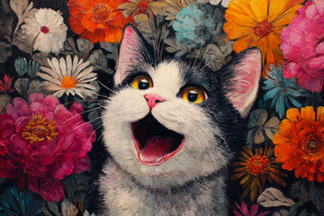 Acrylic colour painting of happy cat with colorful flowers, Illustration animal poster