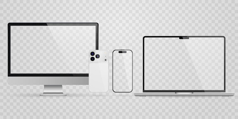 Vector realistic smartphone, laptop, tablet, computer set. Realistic gadget set png. Vector devices with blank empty screen isolated on transparent background.