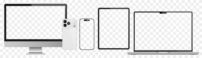Vector realistic smartphone, laptop, tablet, computer set. Realistic gadget set png. Vector devices with blank empty screen isolated on transparent background.