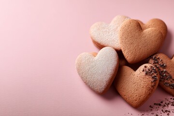Obraz premium heart shaped cookies on pink background with copy space