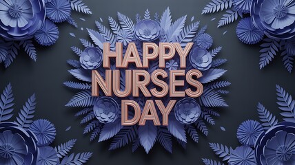 Happy Nurses Day message centered amidst elegant blue paper flowers and intricate foliage on a dark background