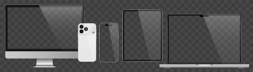 Vector realistic smartphone, laptop, tablet, computer set. Realistic gadget set png. Vector devices with blank empty screen isolated on transparent background.