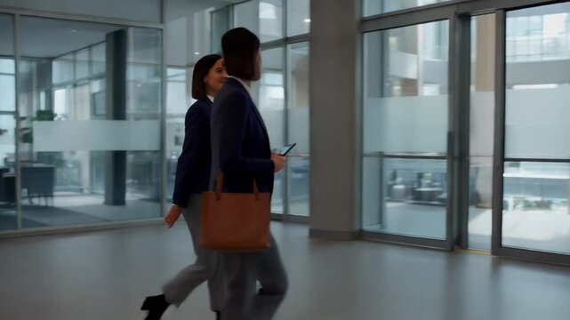 Walking into Progress: Two driven women stride purposefully through a modern business building. Reflecting a scene of focus and forward motion.