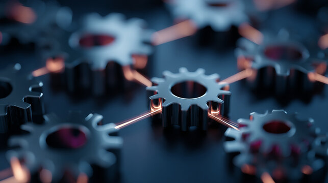 Interconnected metallic gears with glowing light lines symbolizing technology and synergy