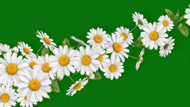 white daisies flower trail alpha channel animation, cosmetic beauty and herbal tea drink isolated motion design element green screen background 