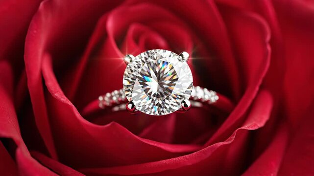 Sparkling diamond engagement ring inside a red rose. Luxury jewelry gift concept for Valentine's Day or marriage proposal