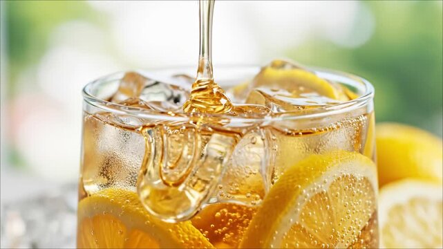 Pouring golden honey into iced tea with lemon slices