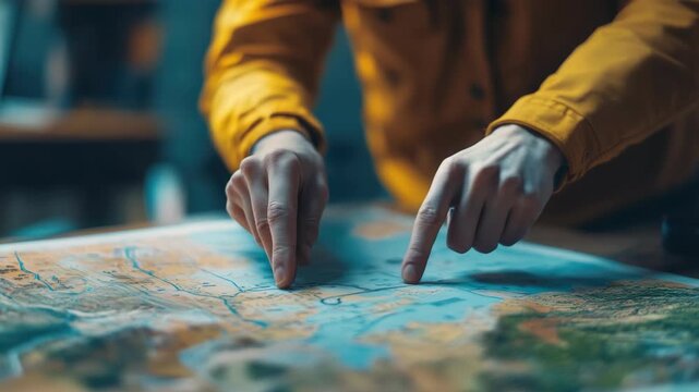 A man is leaning over a desk with his hands on the map, seemingly focusing or planning something.