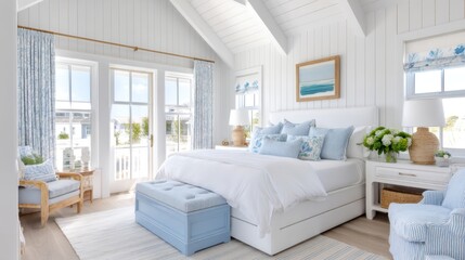Coastal Hamptons style bedroom, white wood paneling, soft blue and white color scheme, airy linen curtains, natural light, beach house vibe, breezy