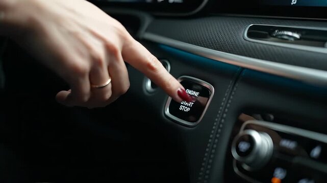 Woman finger presses engine start button in car. Driver pushes start stop button to activate engine. Woman starts car with button press. Engine button activated by finger in modern vehicle interior.
